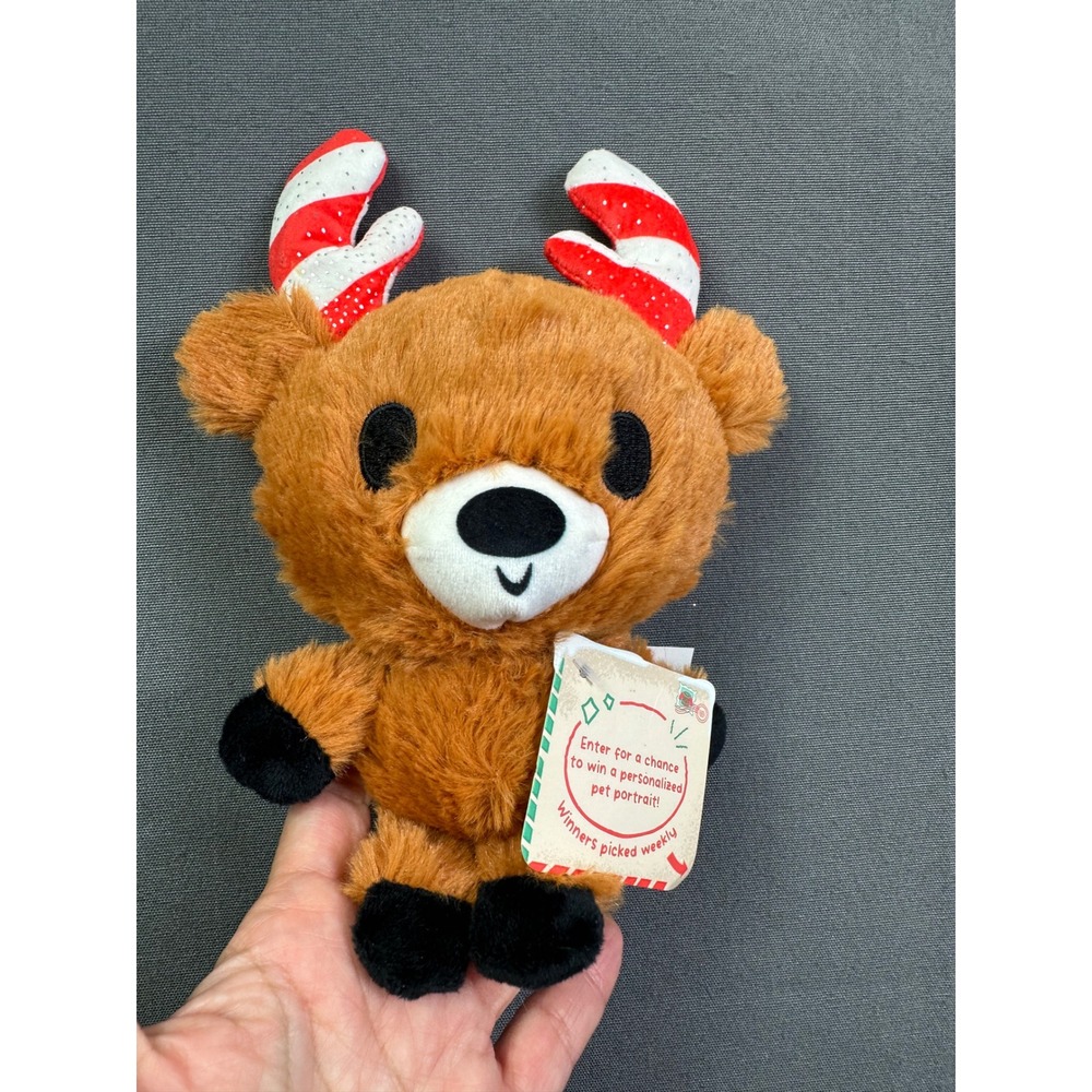 BarkBox Christmas Reindeer Dog Toy Plush Candy Cane Antlers Brown Squeaky 214873